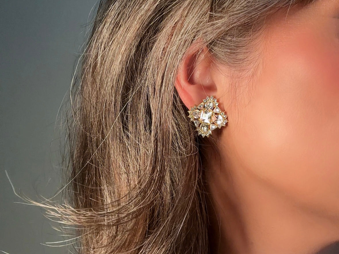 Art Deco Monet Earrings, Vintage Multi Stone Crystal Maltese Cross Rhinestone Designer Earrings