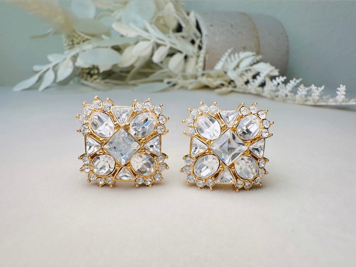 Art Deco Monet Earrings, Vintage Multi Stone Crystal Maltese Cross Rhinestone Designer Earrings