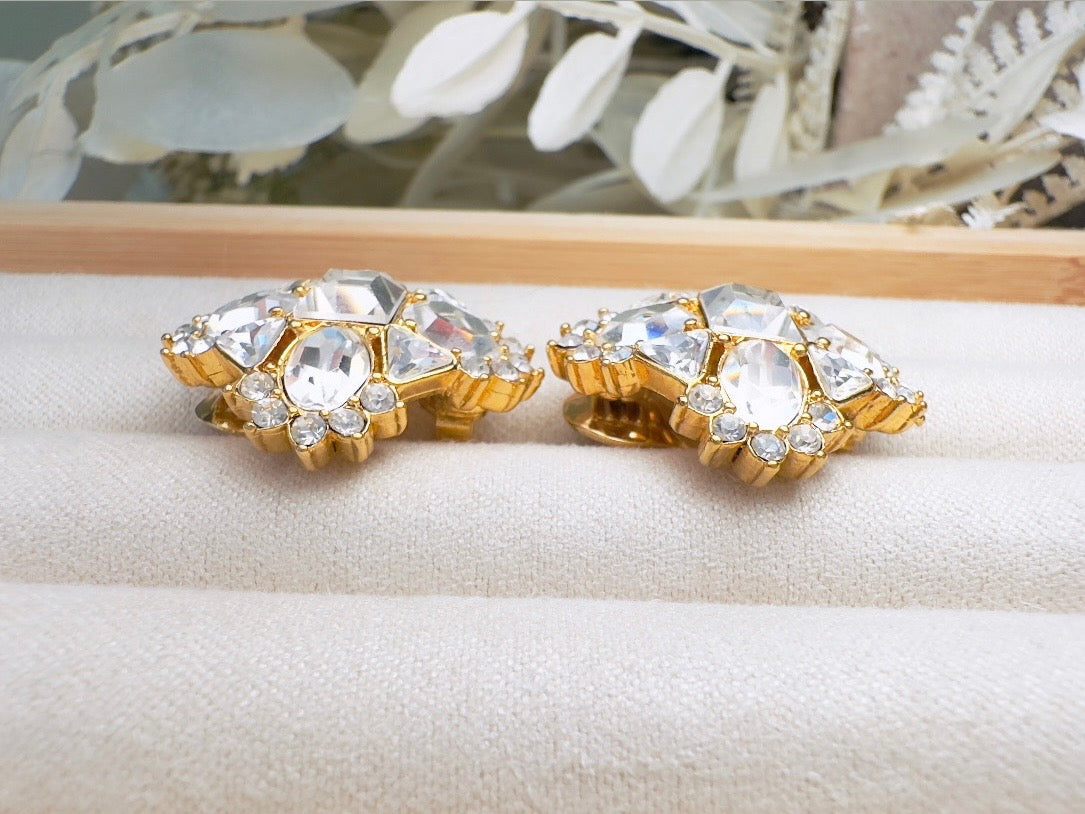 Art Deco Monet Earrings, Vintage Multi Stone Crystal Maltese Cross Rhinestone Designer Earrings