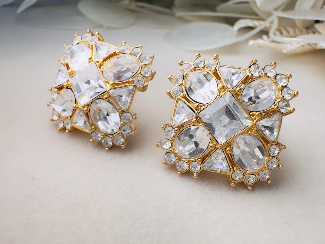 Art Deco Monet Earrings, Vintage Multi Stone Crystal Maltese Cross Rhinestone Designer Earrings