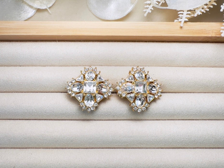 Art Deco Monet Earrings, Vintage Multi Stone Crystal Maltese Cross Rhinestone Designer Earrings