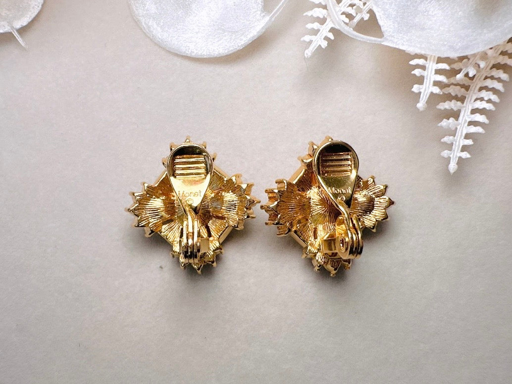 Art Deco Monet Earrings, Vintage Multi Stone Crystal Maltese Cross Rhinestone Designer Earrings