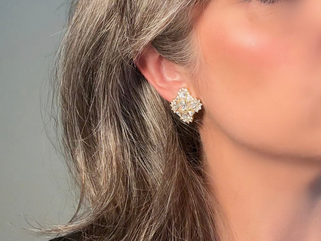 Art Deco Monet Earrings, Vintage Multi Stone Crystal Maltese Cross Rhinestone Designer Earrings