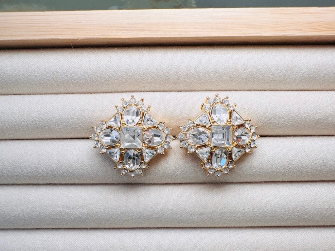 Art Deco Monet Earrings, Vintage Multi Stone Crystal Maltese Cross Rhinestone Designer Earrings