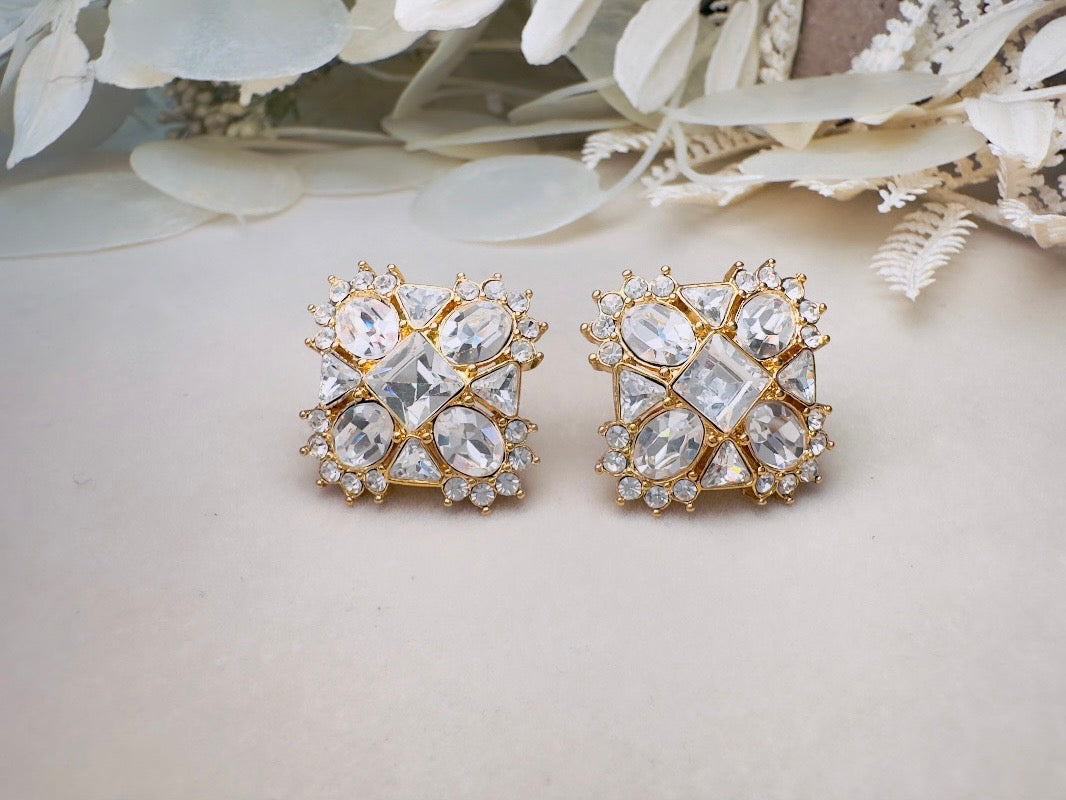 Art Deco Monet Earrings, Vintage Multi Stone Crystal Maltese Cross Rhinestone Designer Earrings