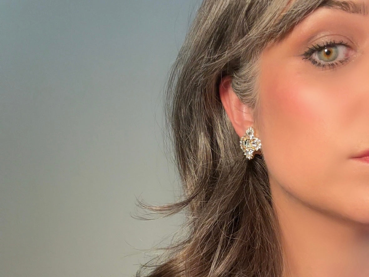 Art Deco Monet Earrings, Vintage Multi Stone Crystal Maltese Cross Rhinestone Designer Earrings