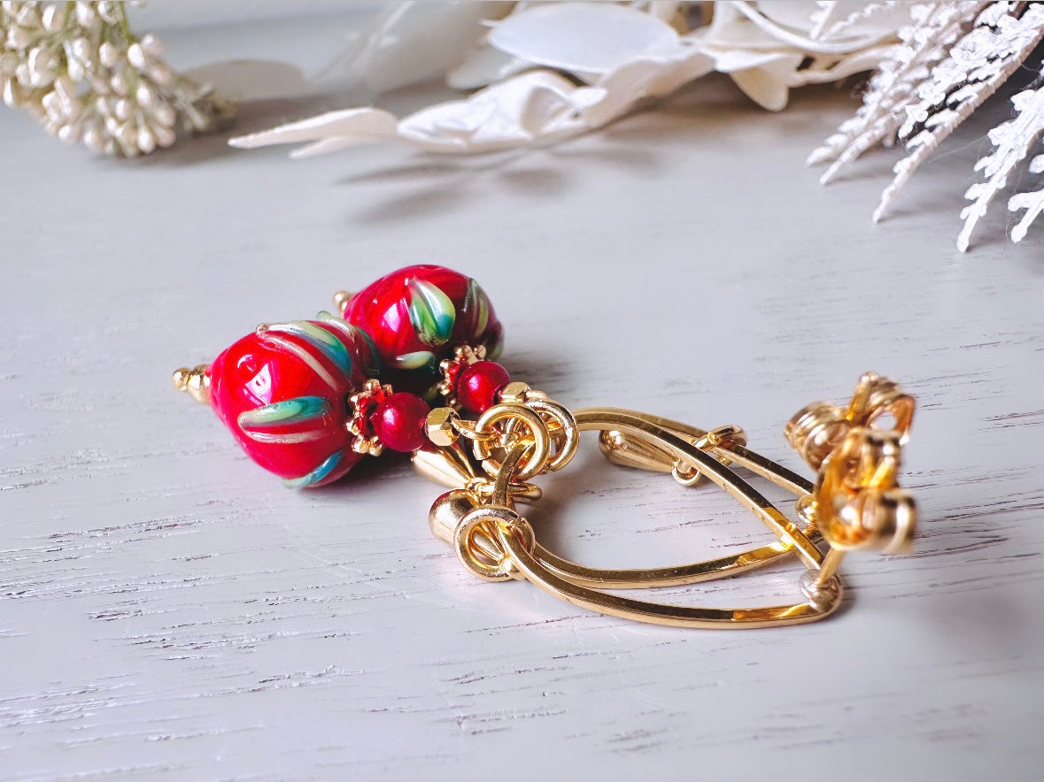 Strawberry Earrings, Original Handmade 24k Gold + Murano Glass Earring, Unique Fruit Charm Earrings, Glass Strawberry Earrings Pink or Red from Piggle and Pop