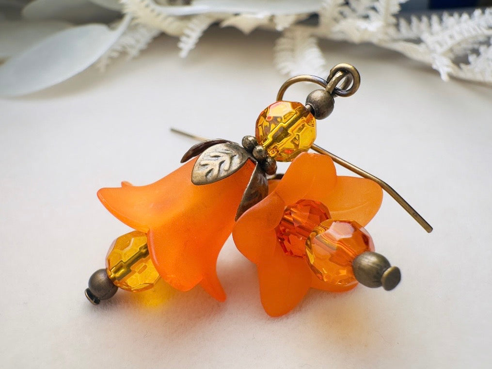 Autumn Orange Flower Earrings, Handmade Whimsical Fall Fairy Flower Earrings
