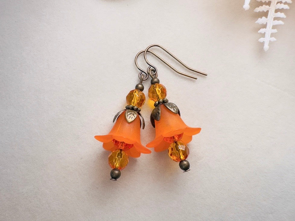 Autumn Orange Flower Earrings, Handmade Whimsical Fall Fairy Flower Earrings