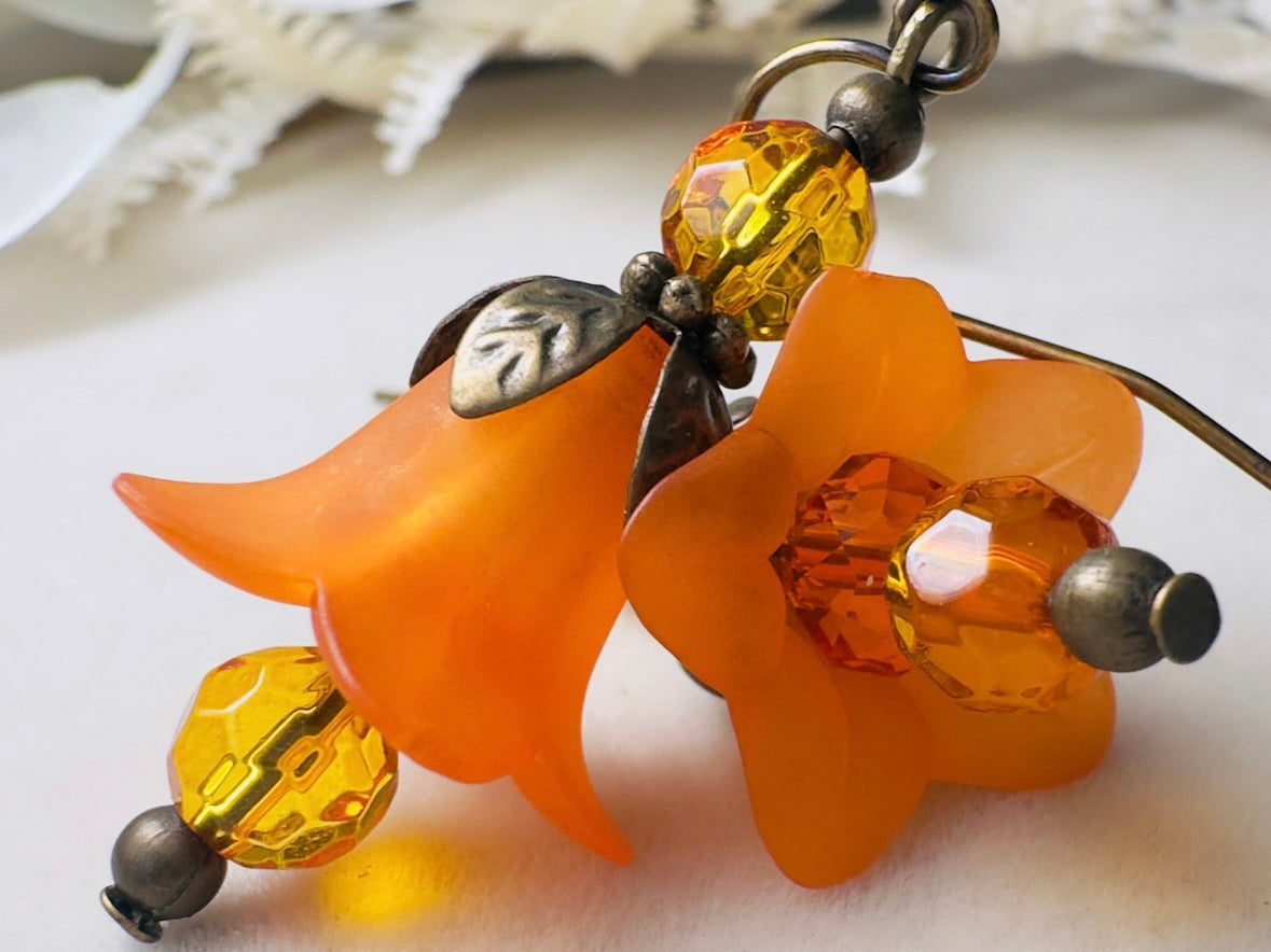 Autumn Orange Flower Earrings, Handmade Whimsical Fall Fairy Flower Earrings