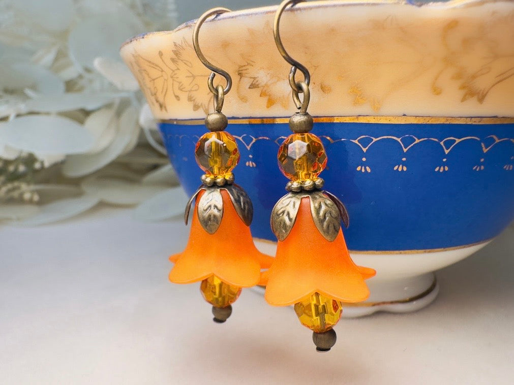 Autumn Orange Flower Earrings, Handmade Whimsical Fall Fairy Flower Earrings