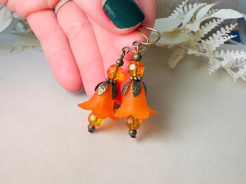Autumn Orange Flower Earrings, Handmade Whimsical Fall Fairy Flower Earrings