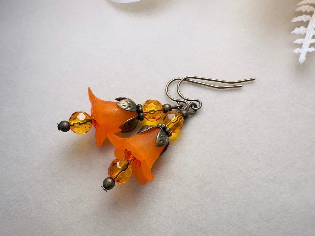 Autumn Orange Flower Earrings, Handmade Whimsical Fall Fairy Flower Earrings