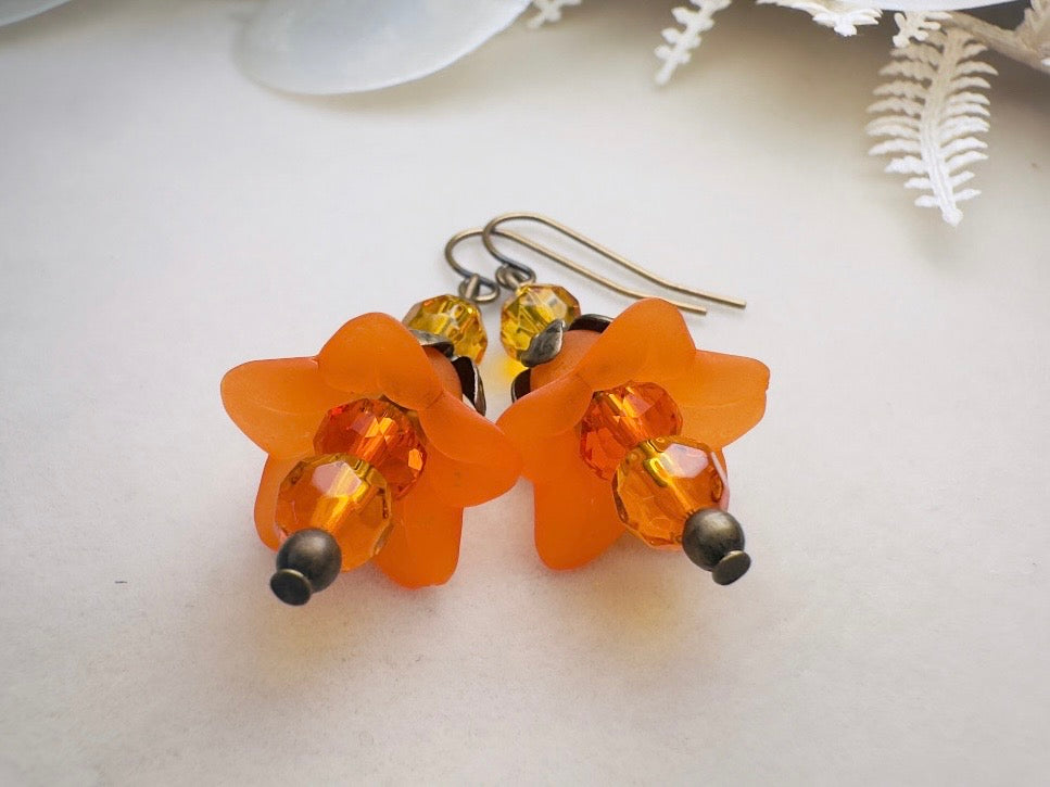 Autumn Orange Flower Earrings, Handmade Whimsical Fall Fairy Flower Earrings