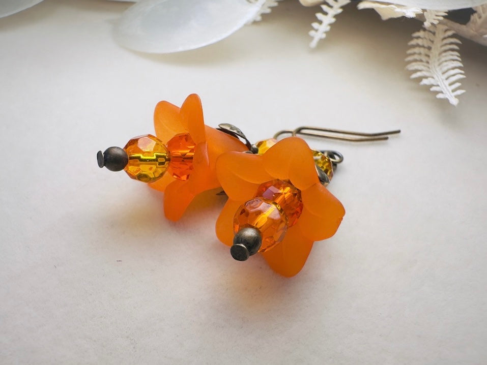 Autumn Orange Flower Earrings, Handmade Whimsical Fall Fairy Flower Earrings