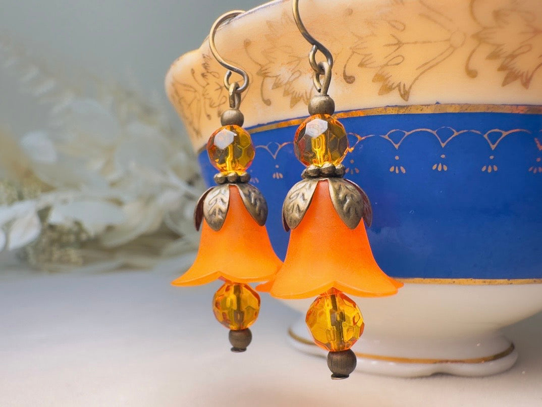 Autumn Orange Flower Earrings, Handmade Whimsical Fall Fairy Flower Earrings