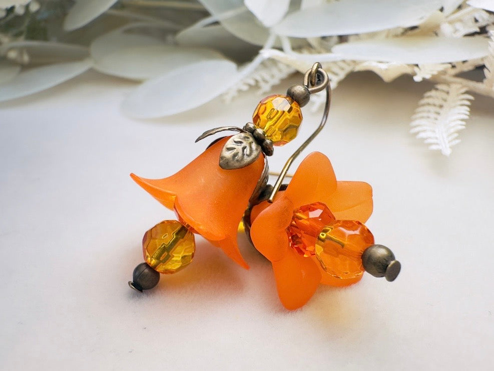 Autumn Orange Flower Earrings, Handmade Whimsical Fall Fairy Flower Earrings