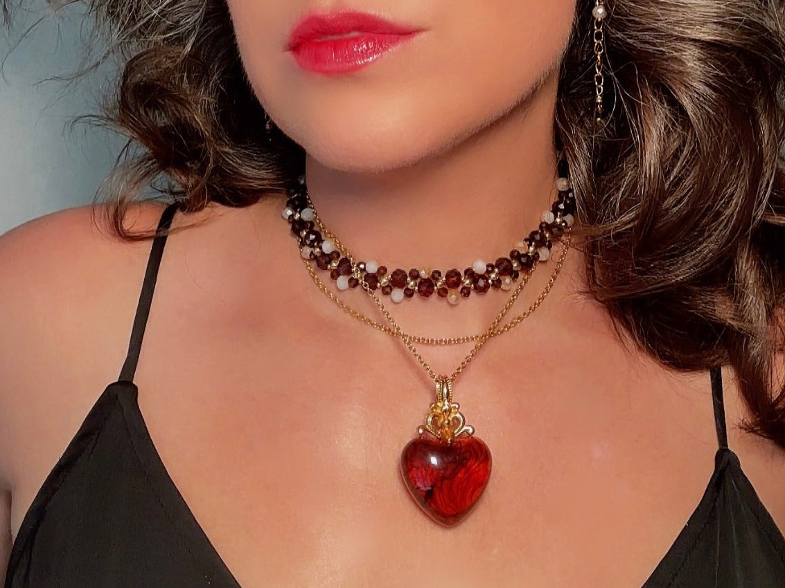 Crystal Choker Necklace, Handmade Beaded Necklace in Fiery Brown, Gold, Amber and Champagne