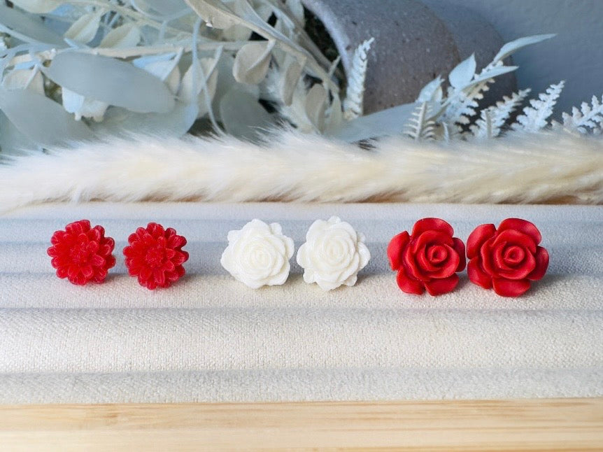Flower Earrings Set in Red and White, Rose and Daisy Handmade Floral Resin Stud Earrings with Hypoallergenic Posts