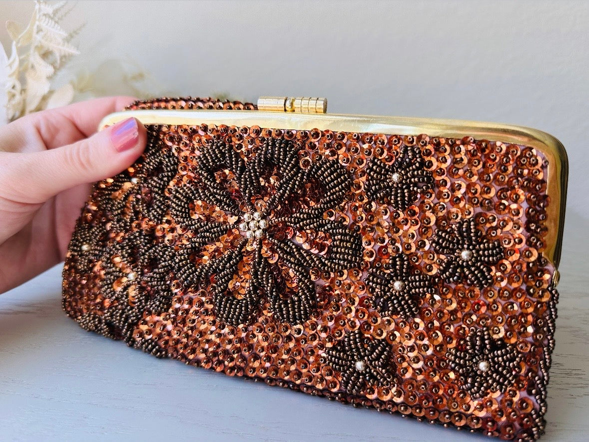 1950s Sequin Clutch, Gorgeous Fully Beaded Floral Evening Bag, Vintage Clutch in Bronze and Coffee Brown with Beaded Flowers, Fold Over Gold