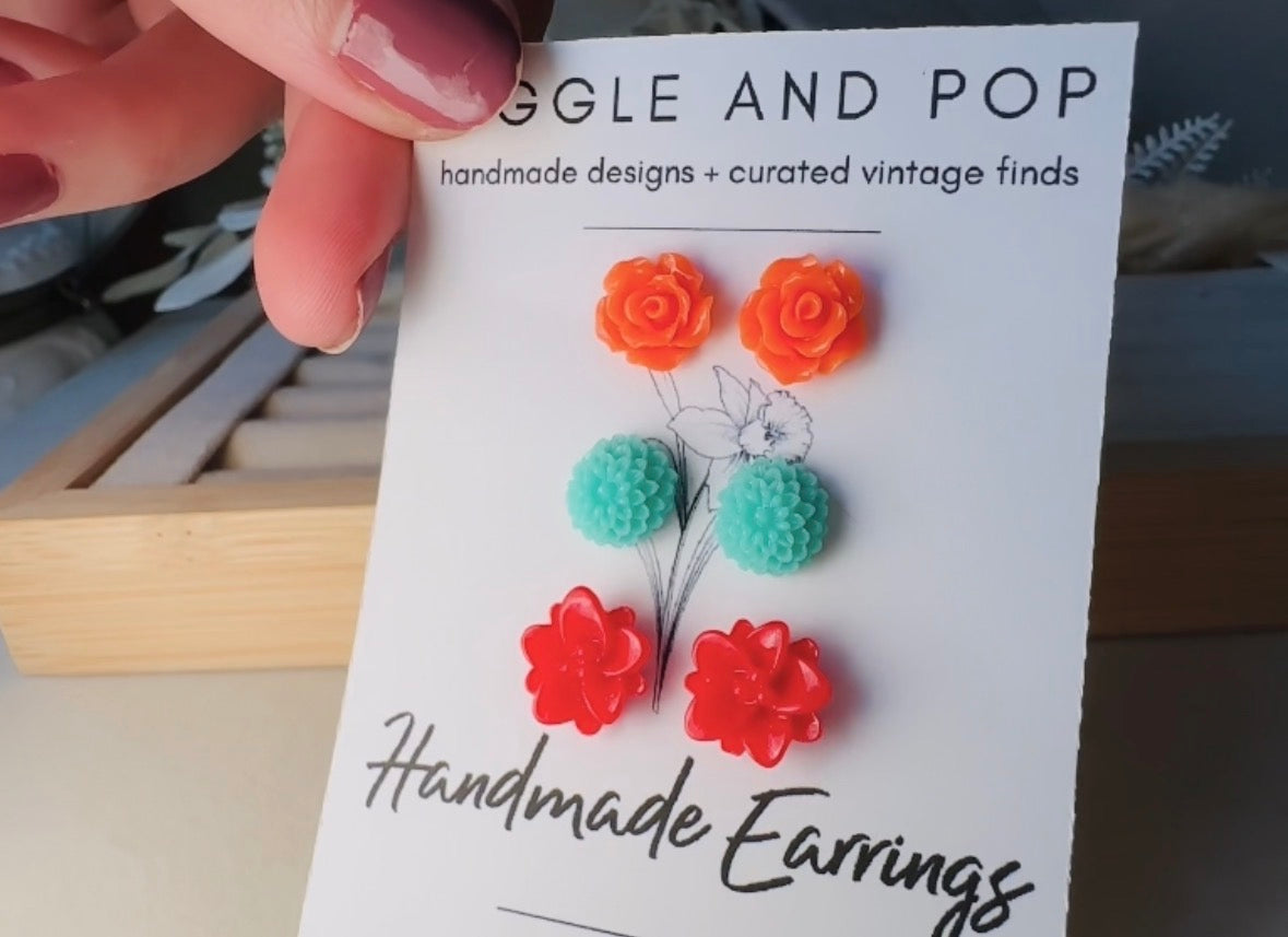 Flower Earring Stud Set in Orange, Teal and Red, Handmade Colorful Hypoallergenic Surgical Steel Post Earrings