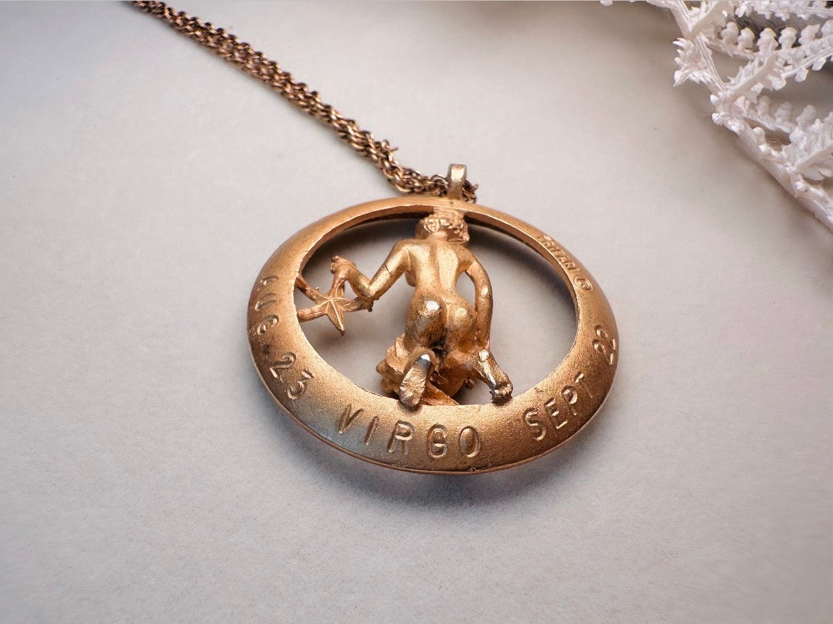RARE Vintage Virgo Zodiac Necklace, Signed Trifari Star Sign Astrology Necklace September Birthday Gift Necklace, Long Gold Pendant Necklace