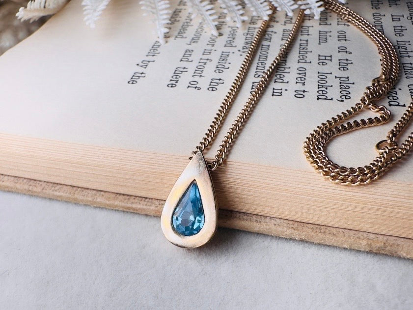 Aquamarine Birthstone Necklace, Vintage Austrian Crystal Blue Raindrop Pendant on Fine Gold Chain