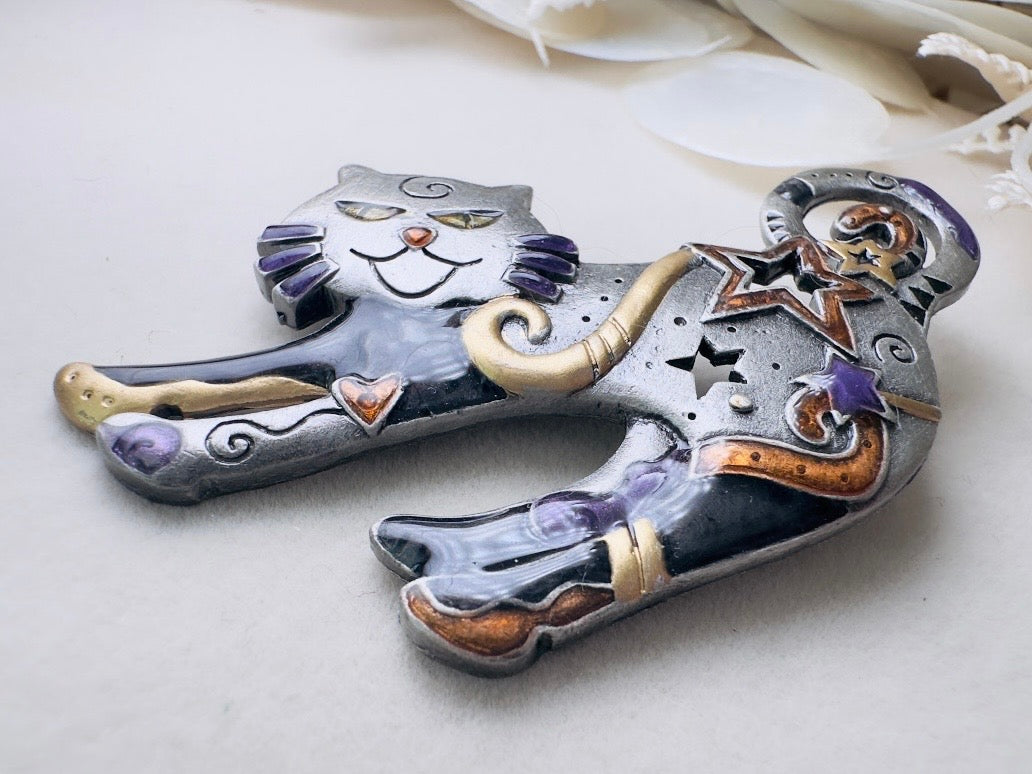 Vintage Cat Brooch, Celestial Pewter Brooch with Enamel Star Accents