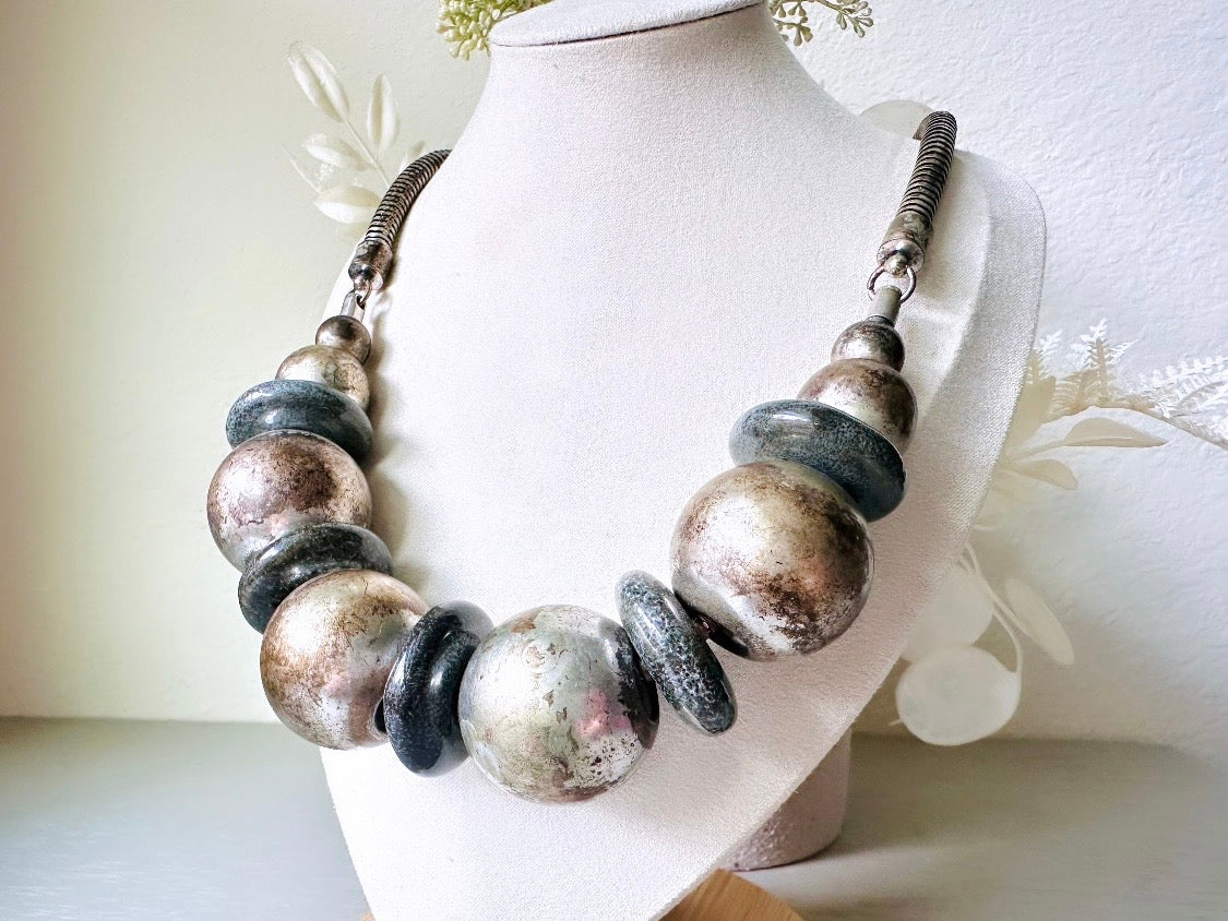 Vintage Sphere Necklace, Rustic Industrial Necklace, Black Gunmetal Pewter Silver Ball & Black Stone Necklace, Chunky Eclectic Necklace