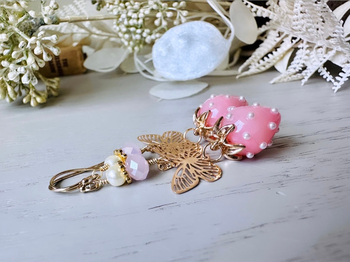 Pink Strawberry Earrings, Original Handmade 24k Gold Filigree Butterfly, Pearl and Crystal  Glass Dangle Earrings, Pretty Whimsical Earrings