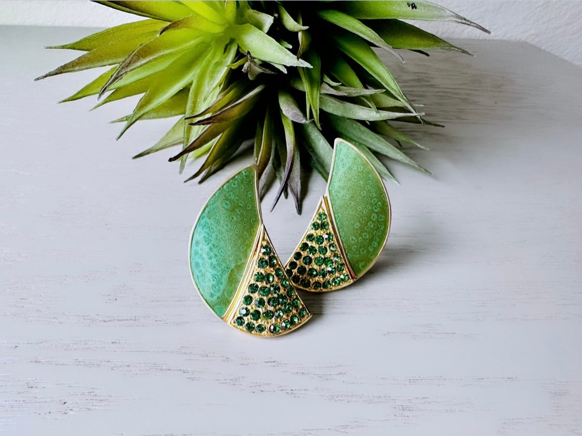 Stunning Green 80s Berebi Vintage Earrings, Green Rhinestone & Pearlized Enamel Green and Gold Crescent Converted Clip-On Statement Earrings