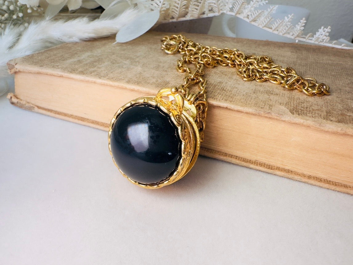 Black Locket Necklace, Sphere Locket Pendant Necklace on Extra Long Gold Chain, Vintage Liz Claiborne Necklace