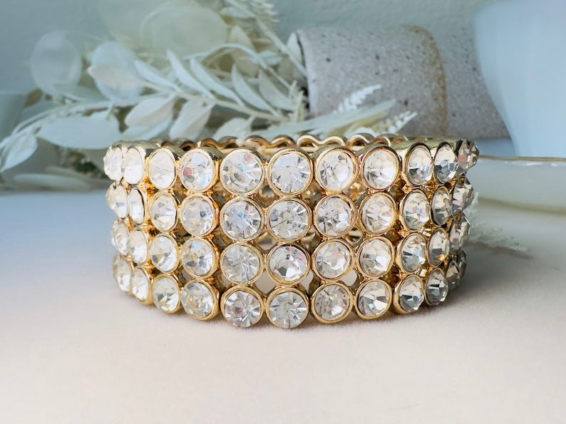 Vintage Rhinestone Stretch Bracelet, Sparkling Wide Band 4 Four Layer Cuff