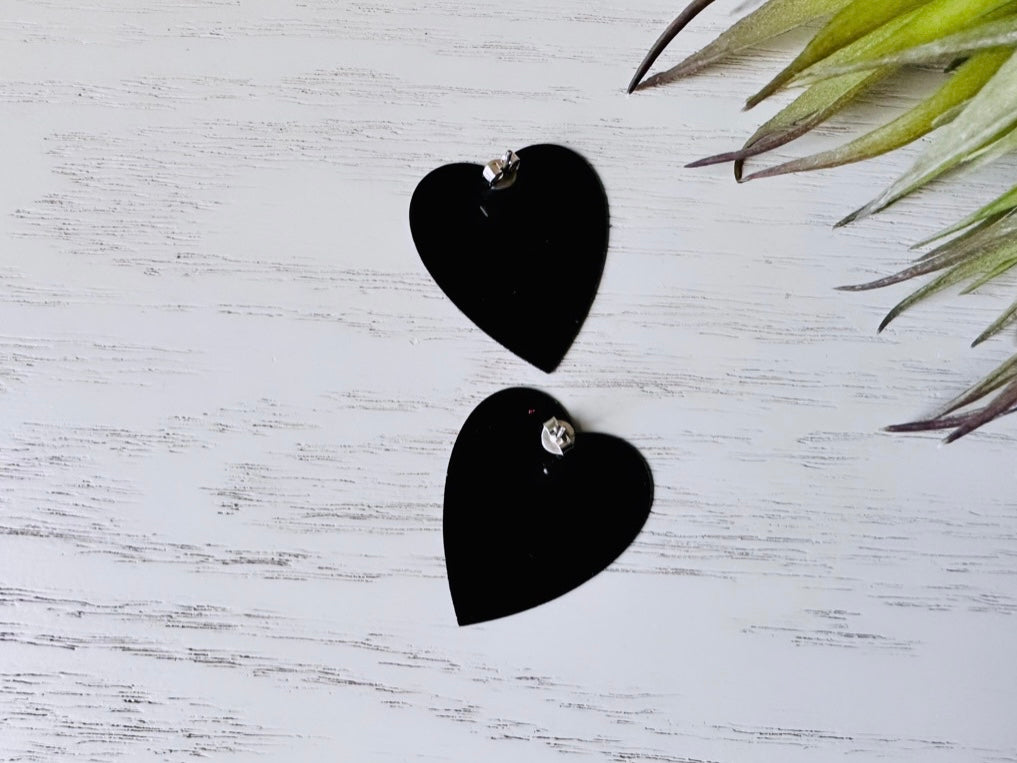 Mosaic Heart Earrings, Black and Gold Enamel Metal Heart Pierced Earrings, Unique Vintage Textured Metal Heart Pierced Post Earrings