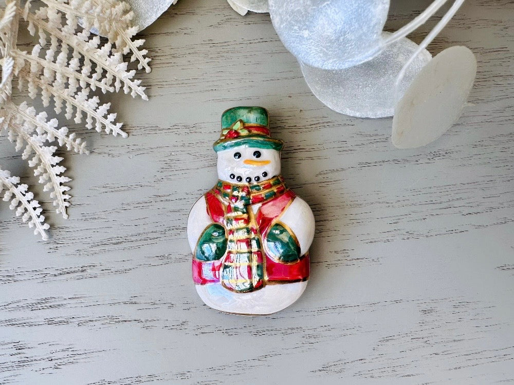 Vintage Snowman Brooch, Winter Wonderland Pin, Red White and Green Pearlized Ceramic 1980s Broach Pin, Cute Snow Man Quirky Christmas Gift