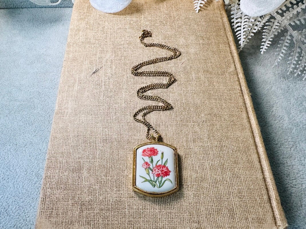 January Birthflower Necklace, Pink Carnation January Birthday Necklace, 1980 Floral Heritage Porcelain & Gold Botanical Flower Pendant