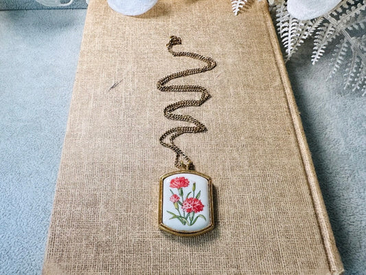 January Birthflower Necklace, Pink Carnation January Birthday Necklace, 1980 Floral Heritage Porcelain & Gold Botanical Flower Pendant