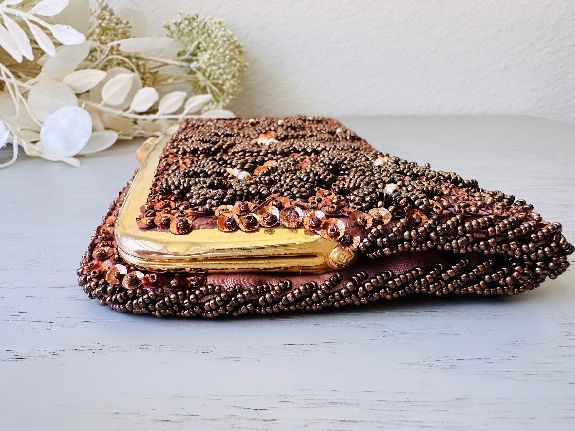 1950s Sequin Clutch, Gorgeous Fully Beaded Floral Evening Bag, Vintage Clutch in Bronze and Coffee Brown with Beaded Flowers, Fold Over Gold