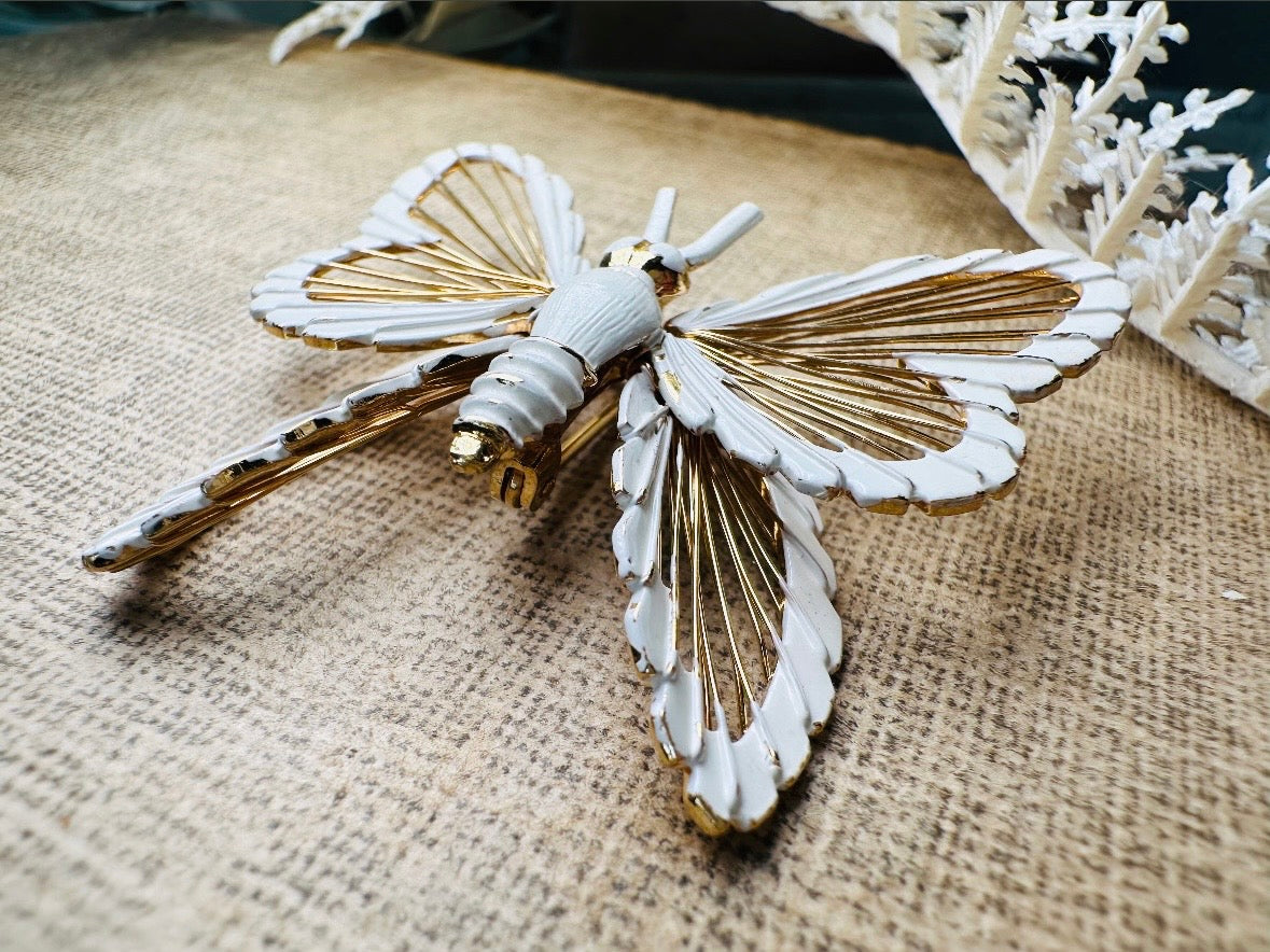 Vintage Butterfly Brooch, Signed Monet Vintage Brooch, Beautiful Gold and White Enamel, Elegant Butterfly Broach, Spring Wedding Fashion