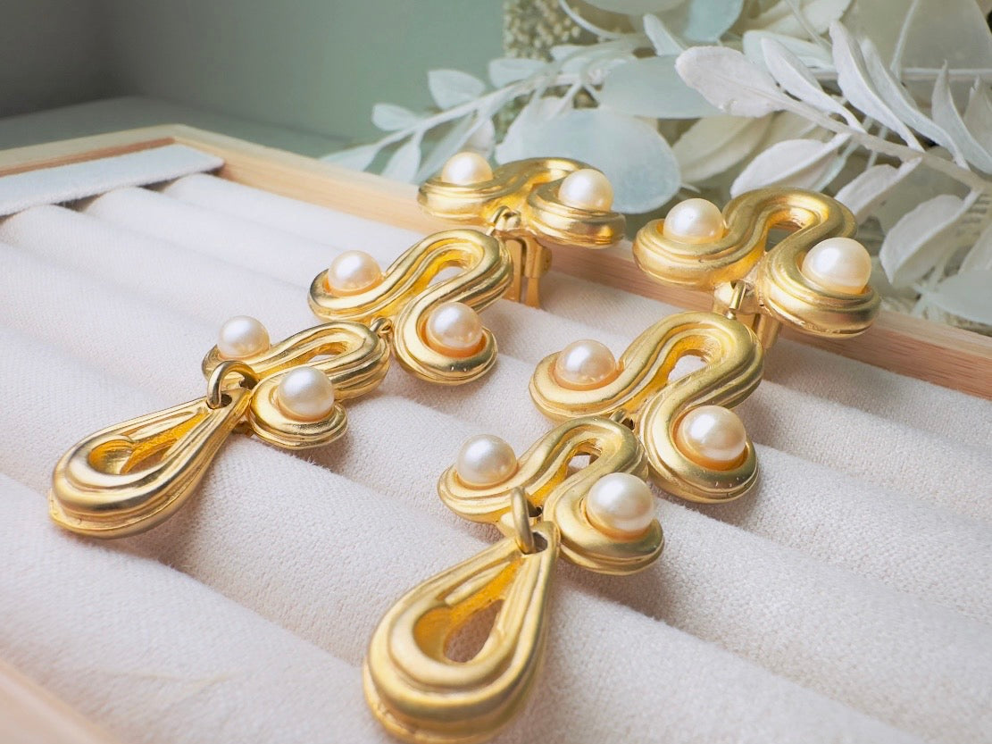 Vintage Blanca Designer Pearl Drop Oversized Matte Gold Clip On Earrings