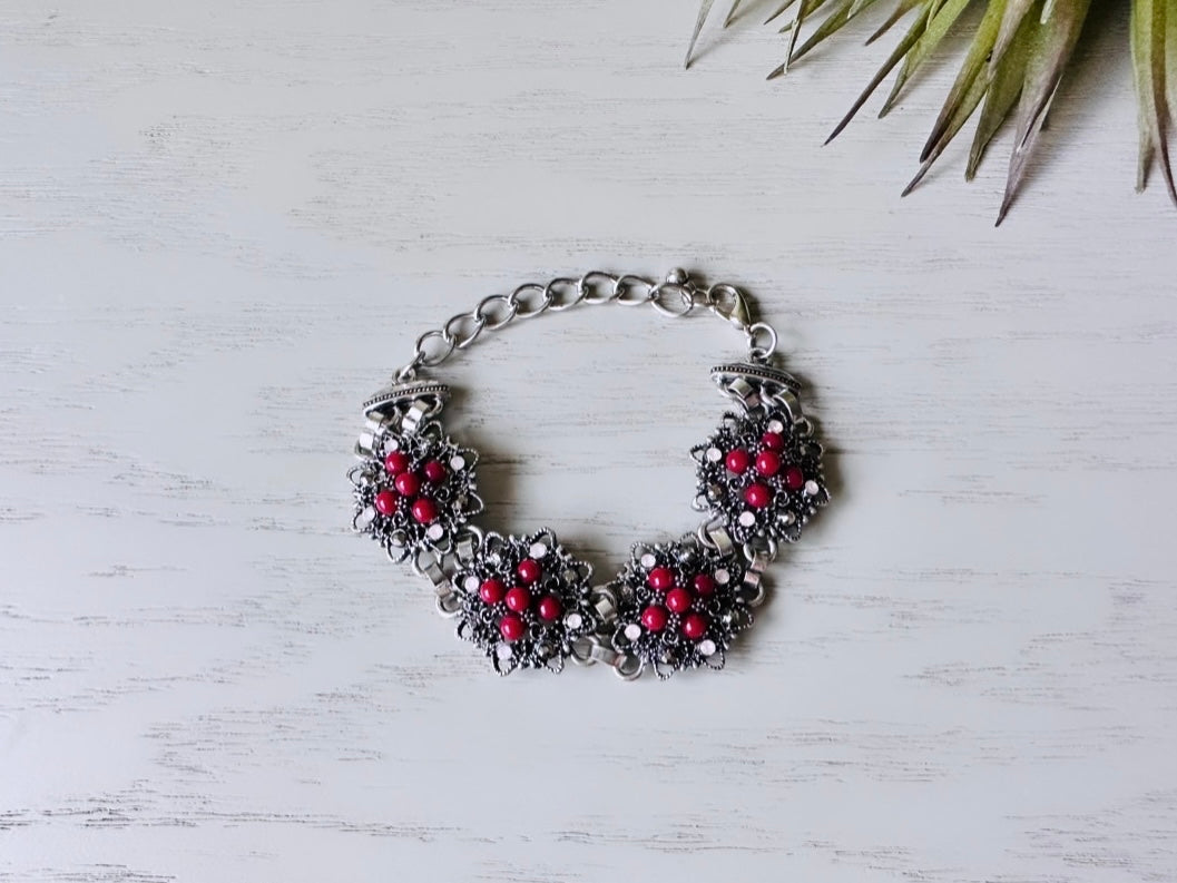 Vintage Flower Link Bracelet, Deep Burgundy Red and Pale Pink Rhinestones, Silver Tone Bracelet