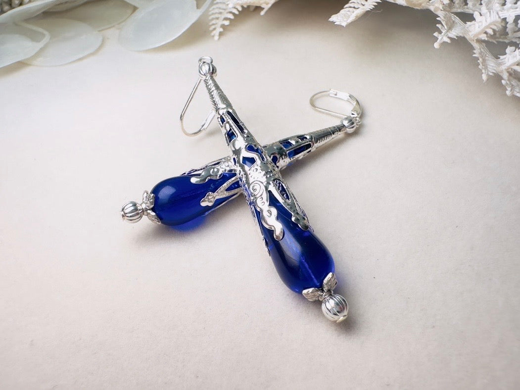 Blue Teardrop Earrings, Long Handmade Cobalt Blue Czech Glass Beaded Drop Earrings with Victorian Silver Filigree Cones