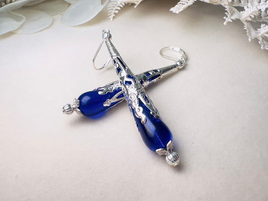 Blue Teardrop Earrings, Long Handmade Cobalt Blue Czech Glass Beaded Drop Earrings with Victorian Silver Filigree Cones