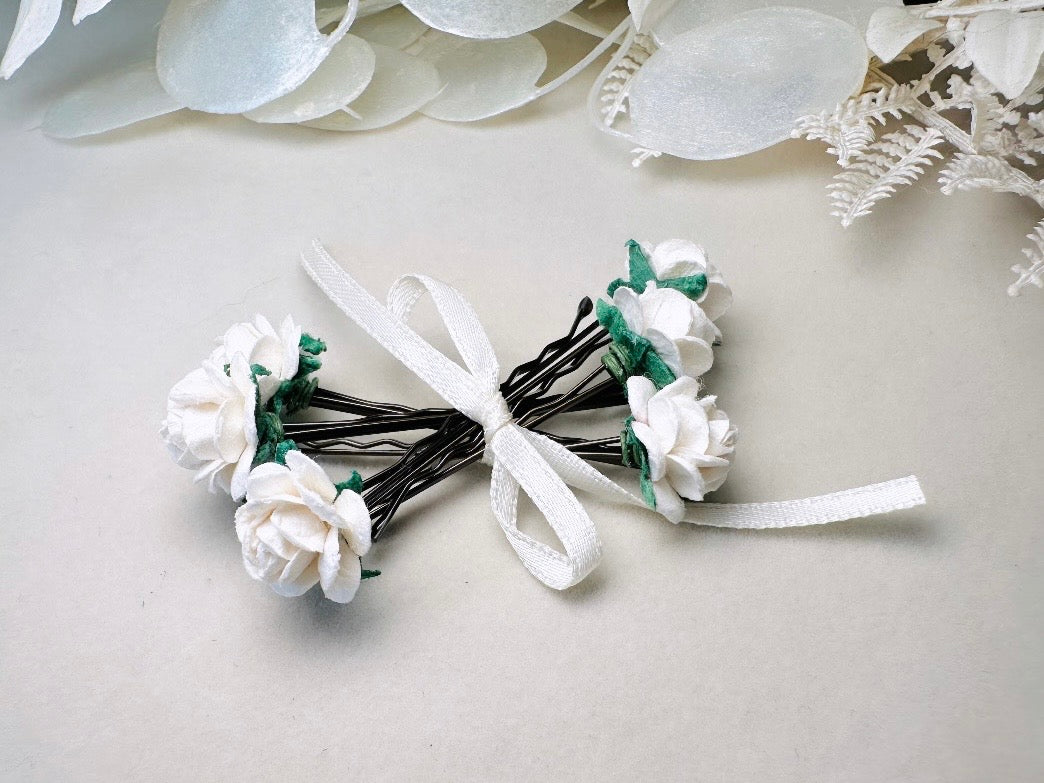 White Rose Bobby Pins, Mulberry Paper Hair Flower Set