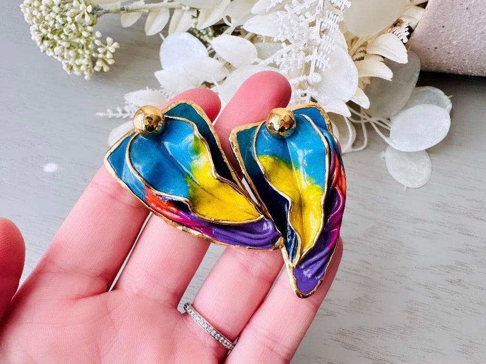 Colorful Designer Amy Lacombe Statement Earrings, Rainbow Hand Sculpted 24K Gold RARE 1980s Collectible Avant Garde Wearable Art Earrings