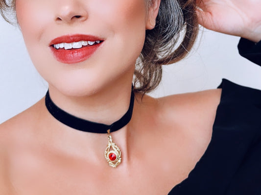 Vintage Black Velvet Choker Necklace with Gold Pendant with Red Crystal, Dramatic 1990's Choker, Victorian Revival Necklace, Black Red Gold