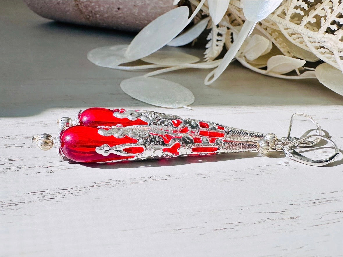 Red Teardrop Earrings, Beautiful Handmade Holiday Jewelry Gifts for Her, Striking Bright Red Glass Earring with Ornate Silver Filigree Cones