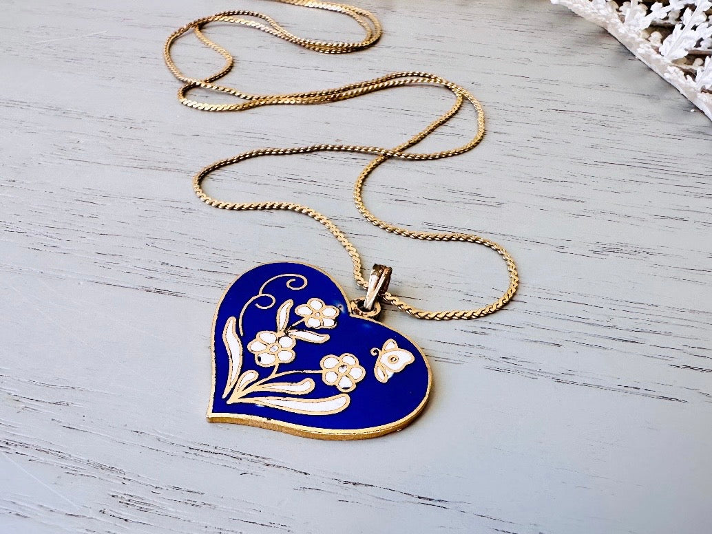 Blue Heart Necklace, Vintage Cobalt Blue Heart Pendant Necklace with White Flowers