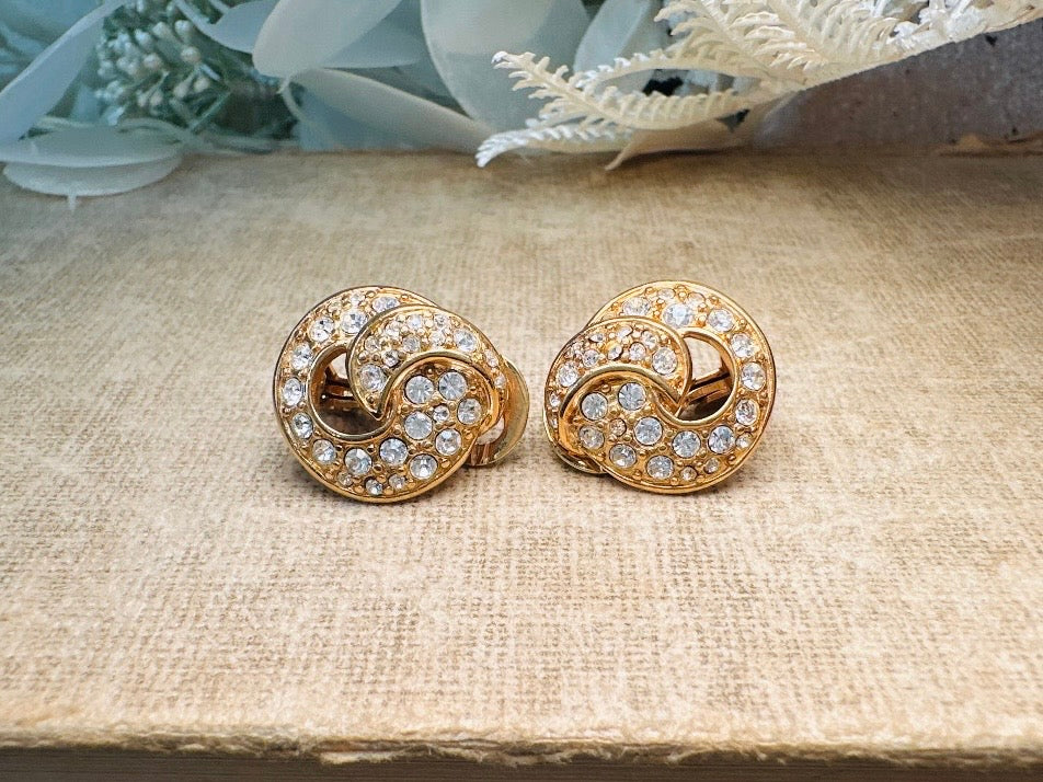 Vintage Monet Gold Knot Earrings with Diamond Rhinestones, Elegant Cocktail Clip On Earrings