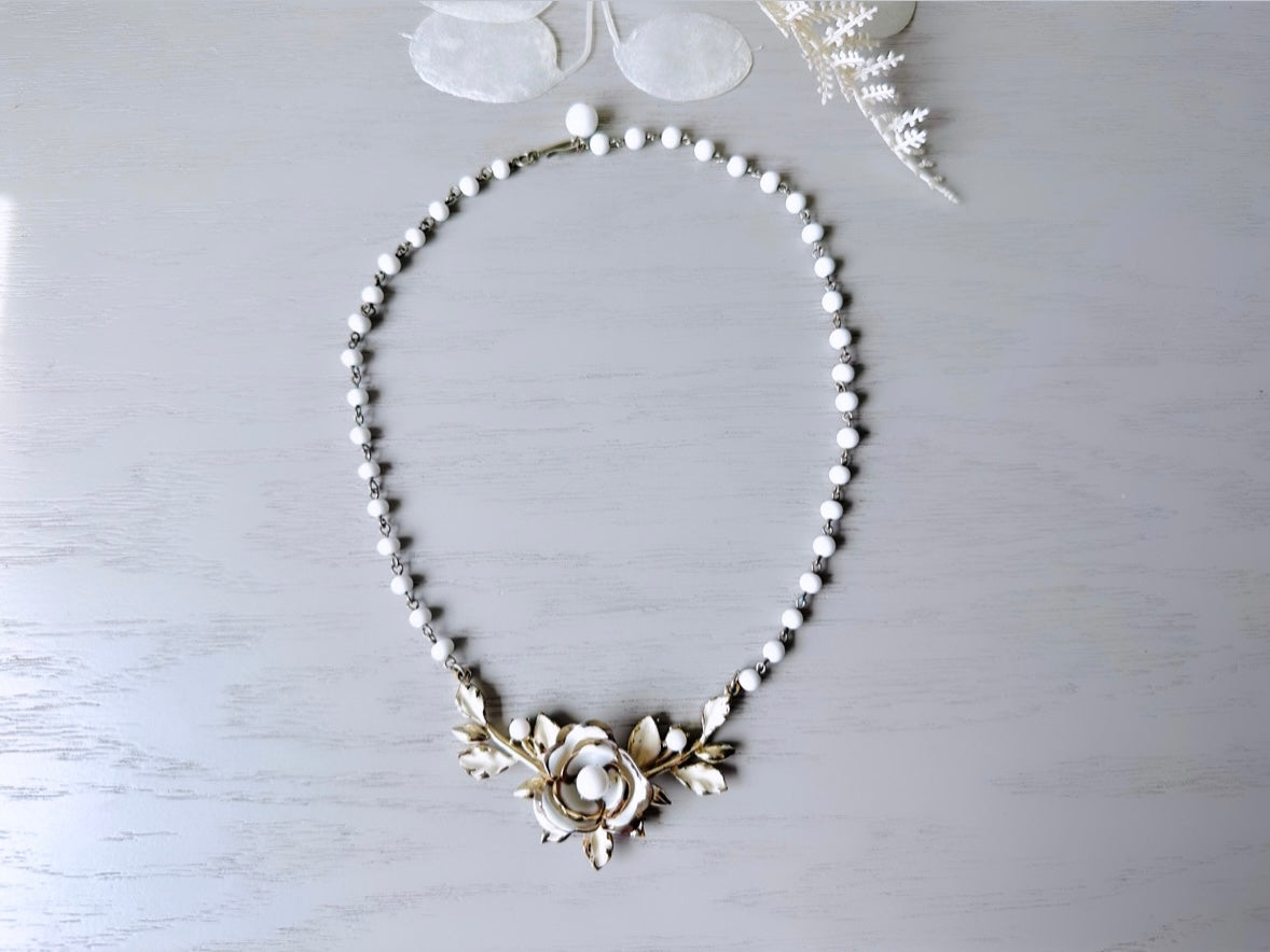 1950s White Flower Vintage Coro Necklace, Cream Enamel White Beads Gold Tone Floral Necklace 15" Flower Choker, Whimsical Bridal Necklace